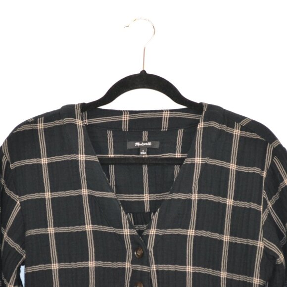Madewell Light Spun Evert Windowpane Long Sleeve V Neck 1/2 Button Down Blouse S - Picture 3 of 10